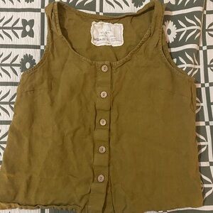 Not Perfect Linen Olive Green Button-Up Tank Top
